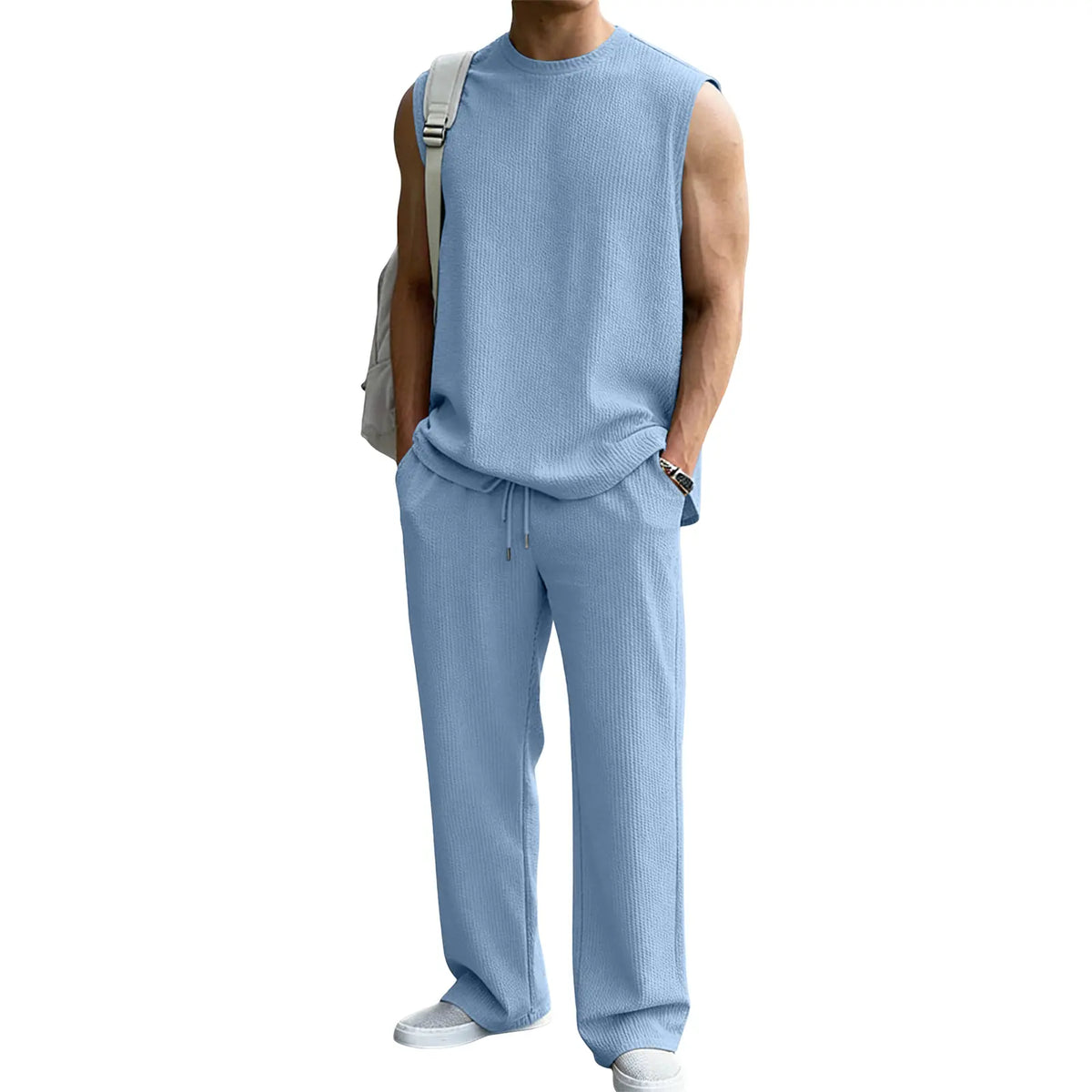 Mens 2 Piece Rib Knit Sweatsuit Summer Sleeveless Tank Top Baggy Wide Leg Pants Set