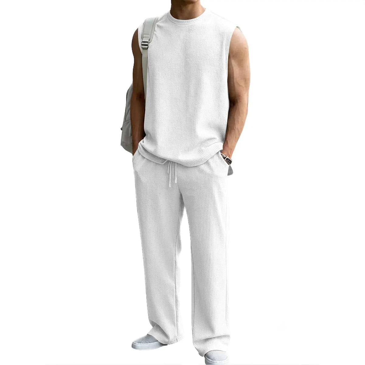 Mens 2 Piece Rib Knit Sweatsuit Summer Sleeveless Tank Top Baggy Wide Leg Pants Set