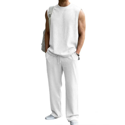 Mens 2 Piece Rib Knit Sweatsuit Summer Sleeveless Tank Top Baggy Wide Leg Pants Set