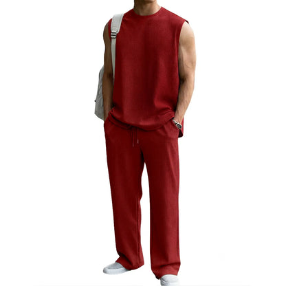 Mens 2 Piece Rib Knit Sweatsuit Summer Sleeveless Tank Top Baggy Wide Leg Pants Set