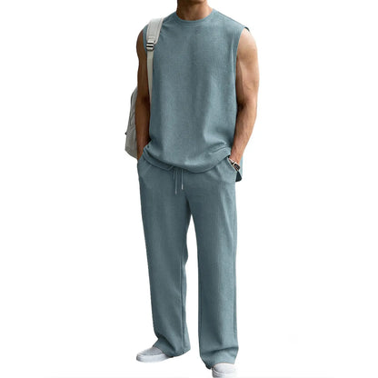 Mens 2 Piece Rib Knit Sweatsuit Summer Sleeveless Tank Top Baggy Wide Leg Pants Set