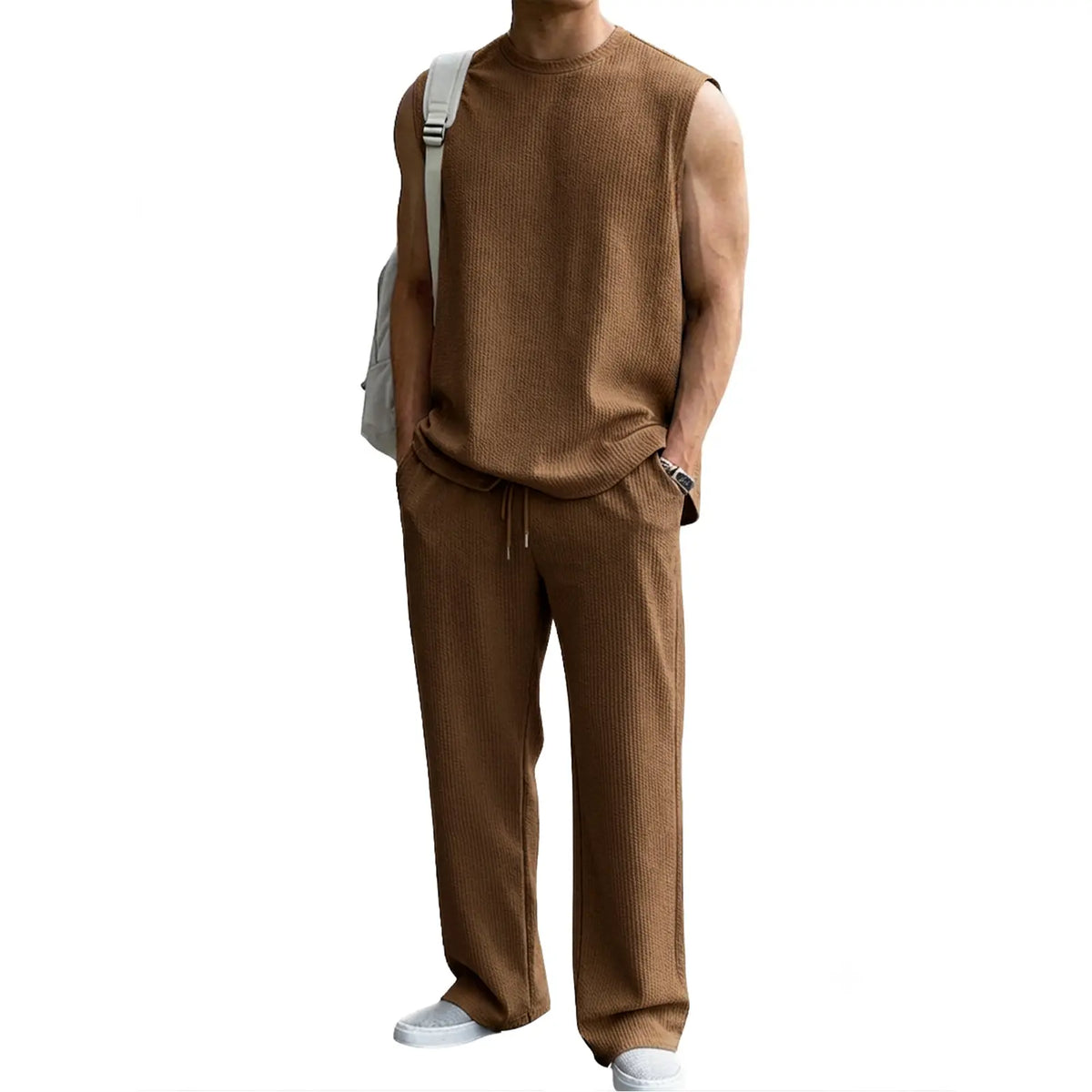 Mens 2 Piece Rib Knit Sweatsuit Summer Sleeveless Tank Top Baggy Wide Leg Pants Set