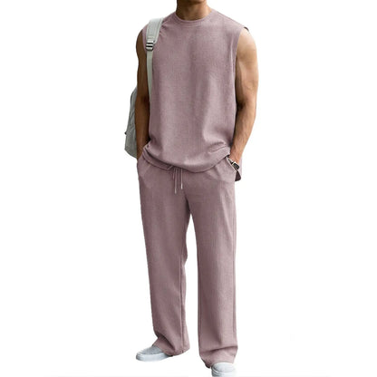 Mens 2 Piece Rib Knit Sweatsuit Summer Sleeveless Tank Top Baggy Wide Leg Pants Set