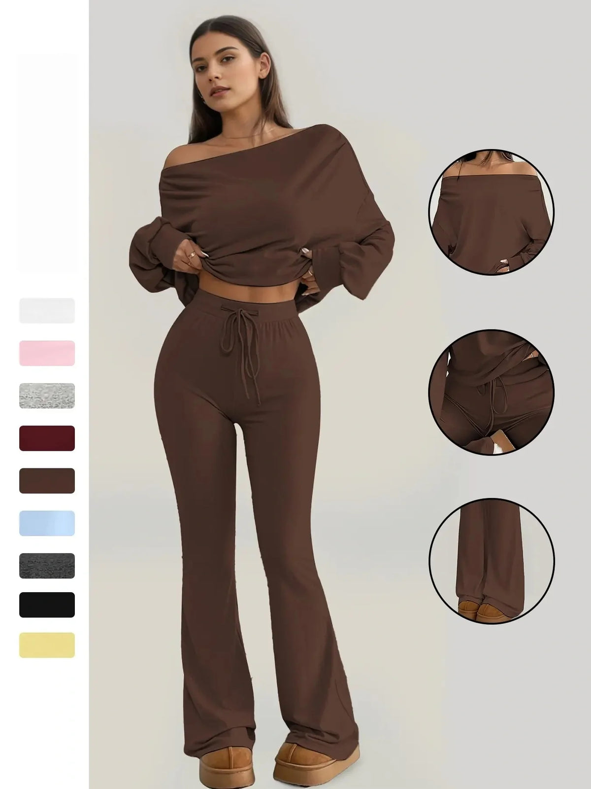 One-Shoulder Long Sleeve Loose Crop Top and High Waist Drawstring Fitted Vintage Bell Pants