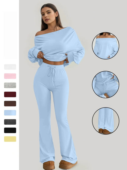 One-Shoulder Long Sleeve Loose Crop Top and High Waist Drawstring Fitted Vintage Bell Pants