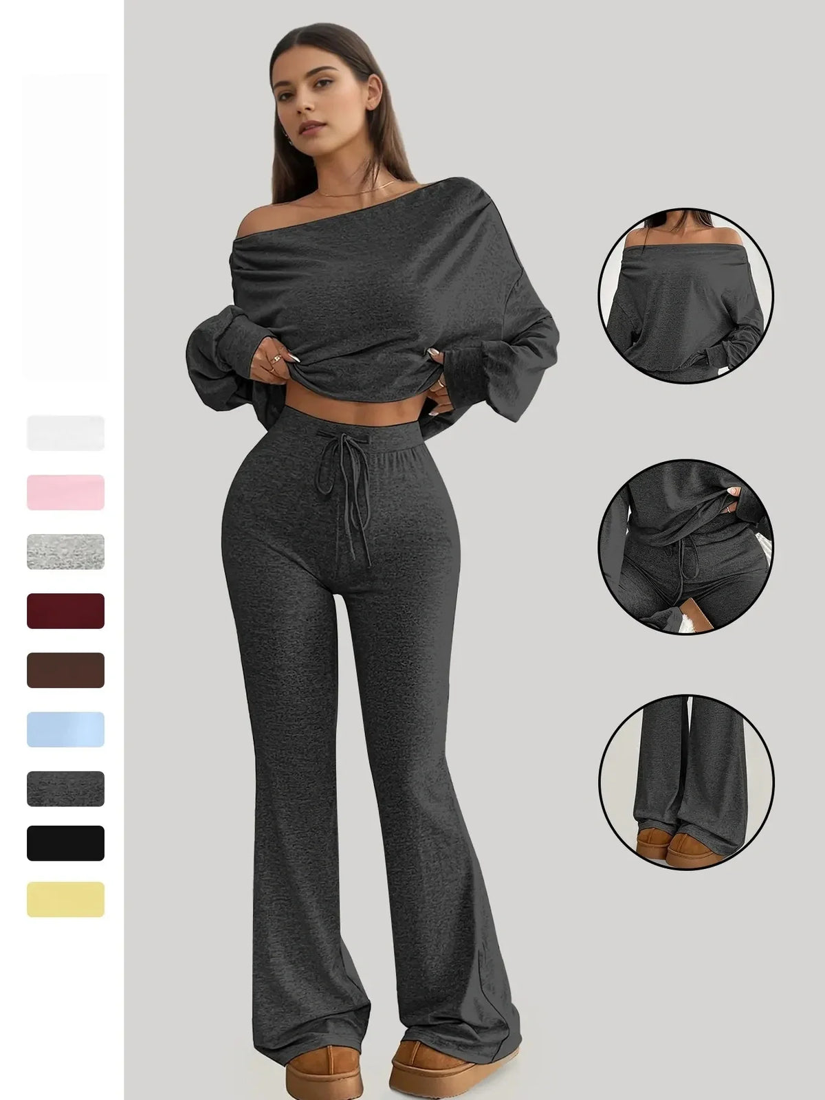 One-Shoulder Long Sleeve Loose Crop Top and High Waist Drawstring Fitted Vintage Bell Pants