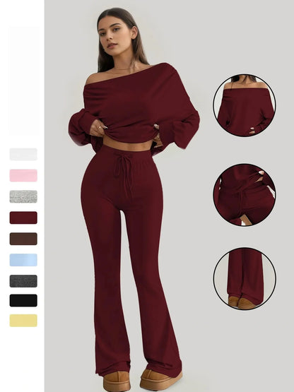 One-Shoulder Long Sleeve Loose Crop Top and High Waist Drawstring Fitted Vintage Bell Pants