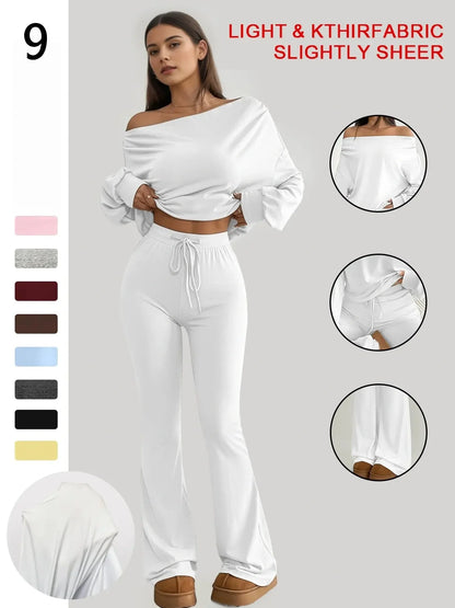 One-Shoulder Long Sleeve Loose Crop Top and High Waist Drawstring Fitted Vintage Bell Pants