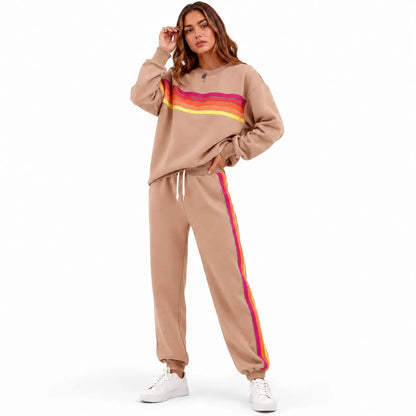 Women's 2-Piece Loose-Fit Sweatshirt Set – Retro Rainbow Stripe Crewneck Sweatshirt & Casual Track Pants