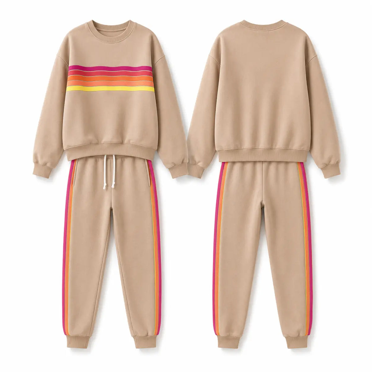 Women's 2-Piece Loose-Fit Sweatshirt Set – Retro Rainbow Stripe Crewneck Sweatshirt & Casual Track Pants