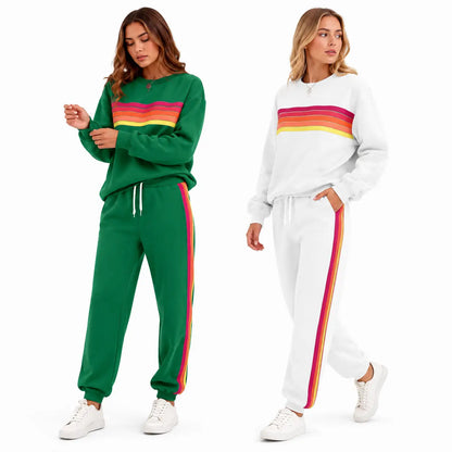 Women's 2-Piece Loose-Fit Sweatshirt Set – Retro Rainbow Stripe Crewneck Sweatshirt & Casual Track Pants