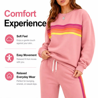 Women's 2-Piece Loose-Fit Sweatshirt Set – Retro Rainbow Stripe Crewneck Sweatshirt & Casual Track Pants