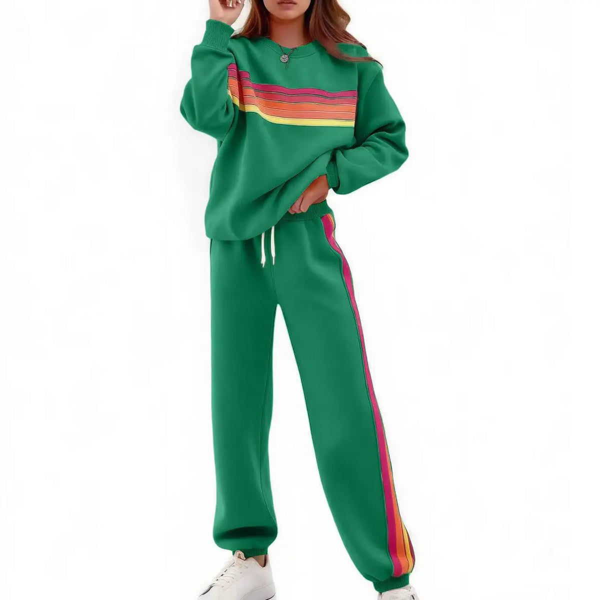 Women's 2-Piece Loose-Fit Sweatshirt Set – Retro Rainbow Stripe Crewneck Sweatshirt & Casual Track Pants
