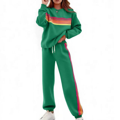 Women's 2-Piece Loose-Fit Sweatshirt Set – Retro Rainbow Stripe Crewneck Sweatshirt & Casual Track Pants