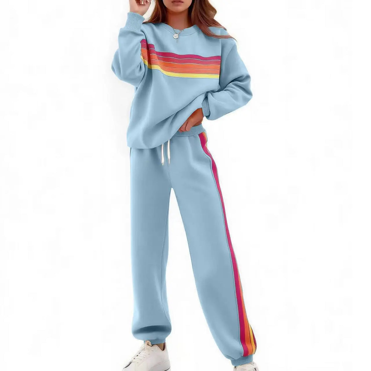 Women's 2-Piece Loose-Fit Sweatshirt Set – Retro Rainbow Stripe Crewneck Sweatshirt & Casual Track Pants