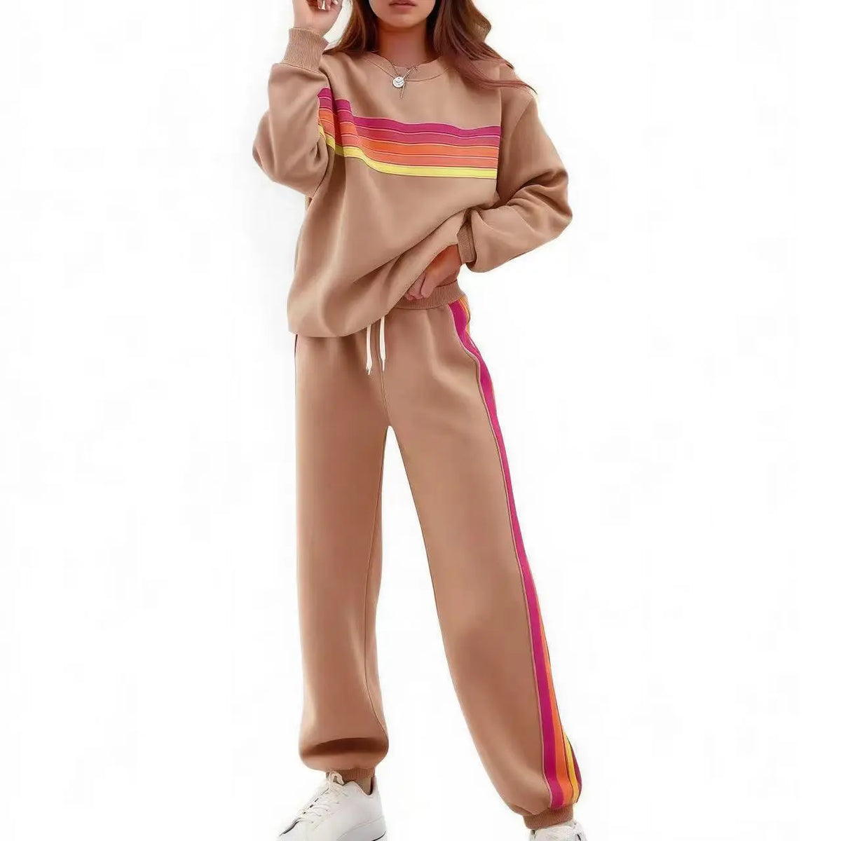 Women's 2-Piece Loose-Fit Sweatshirt Set – Retro Rainbow Stripe Crewneck Sweatshirt & Casual Track Pants