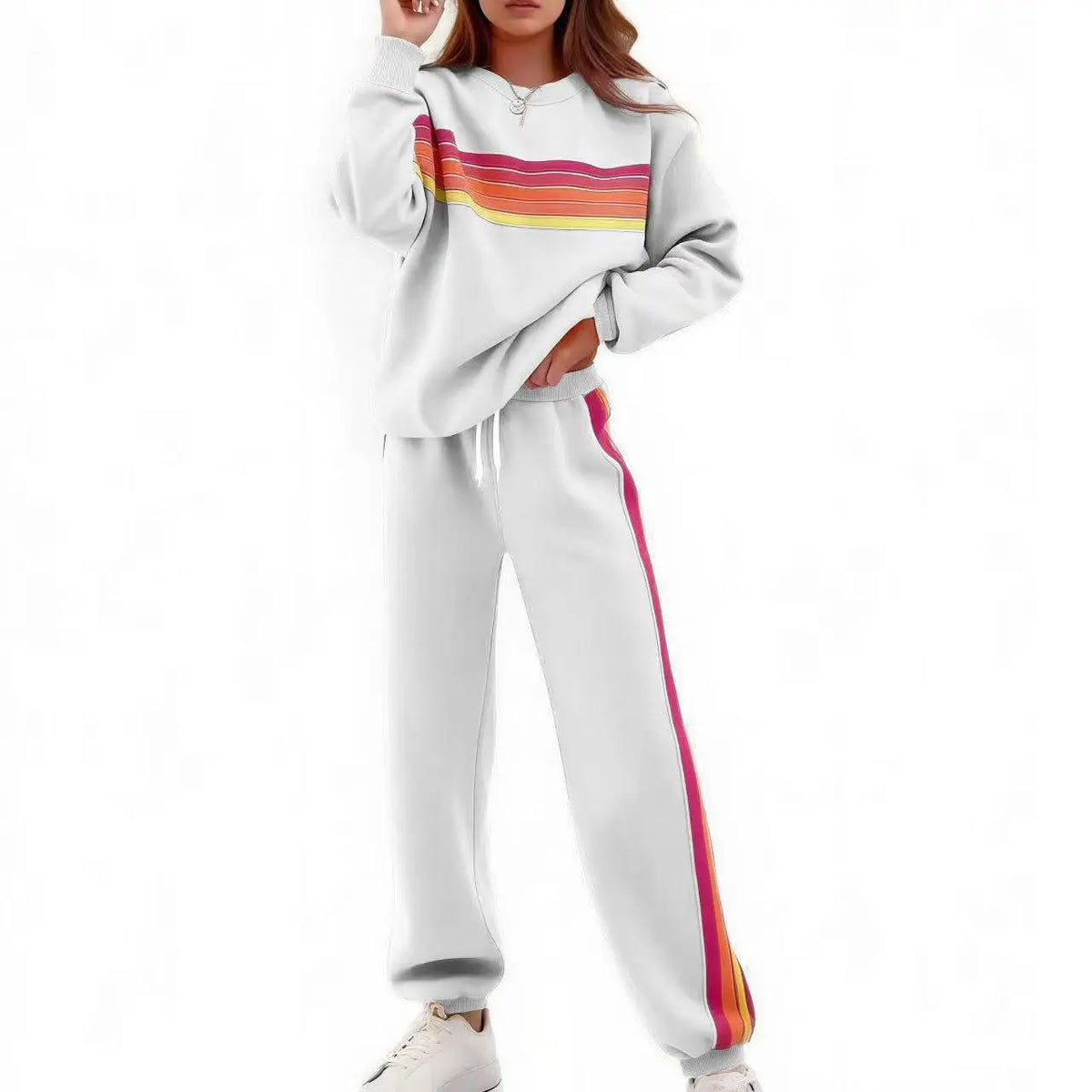 Women's 2-Piece Loose-Fit Sweatshirt Set – Retro Rainbow Stripe Crewneck Sweatshirt & Casual Track Pants