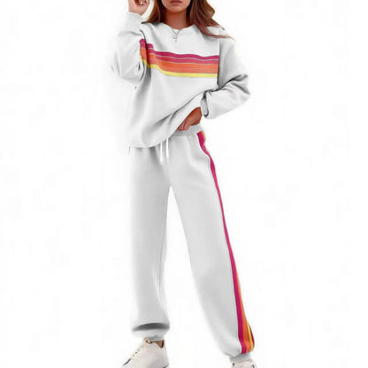 Women's 2-Piece Loose-Fit Sweatshirt Set – Retro Rainbow Stripe Crewneck Sweatshirt & Casual Track Pants