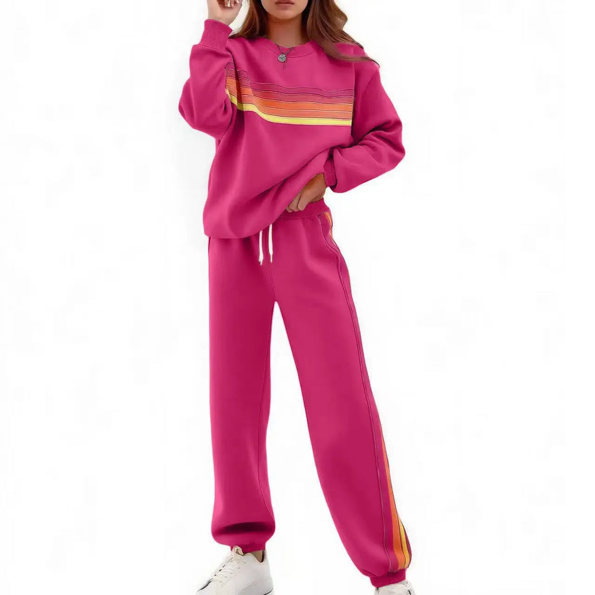 Women's 2-Piece Loose-Fit Sweatshirt Set – Retro Rainbow Stripe Crewneck Sweatshirt & Casual Track Pants
