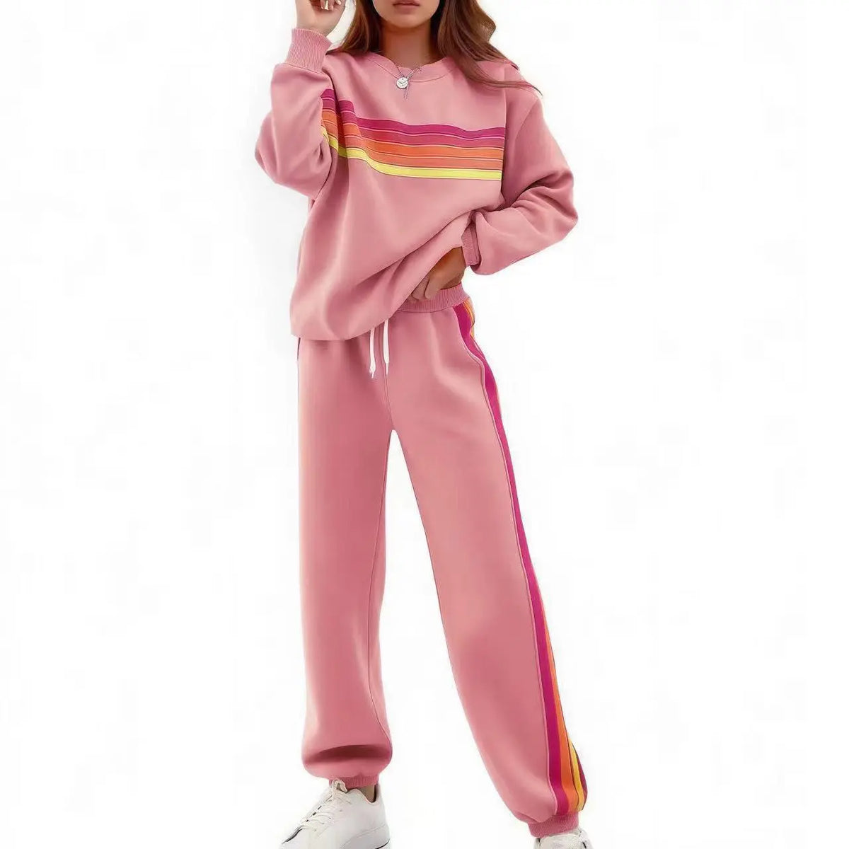 Women's 2-Piece Loose-Fit Sweatshirt Set – Retro Rainbow Stripe Crewneck Sweatshirt & Casual Track Pants