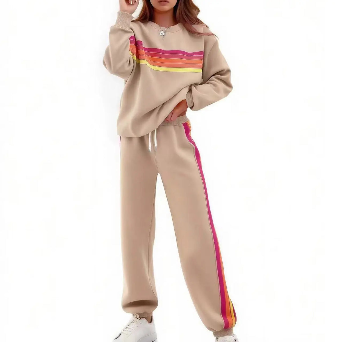Women's 2-Piece Loose-Fit Sweatshirt Set – Retro Rainbow Stripe Crewneck Sweatshirt & Casual Track Pants