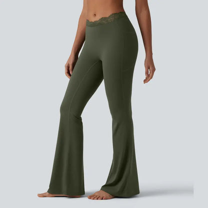 Women's Lace Waist Flare Pants – Soft Stretch, Flattering Fit & All-Day Comfort