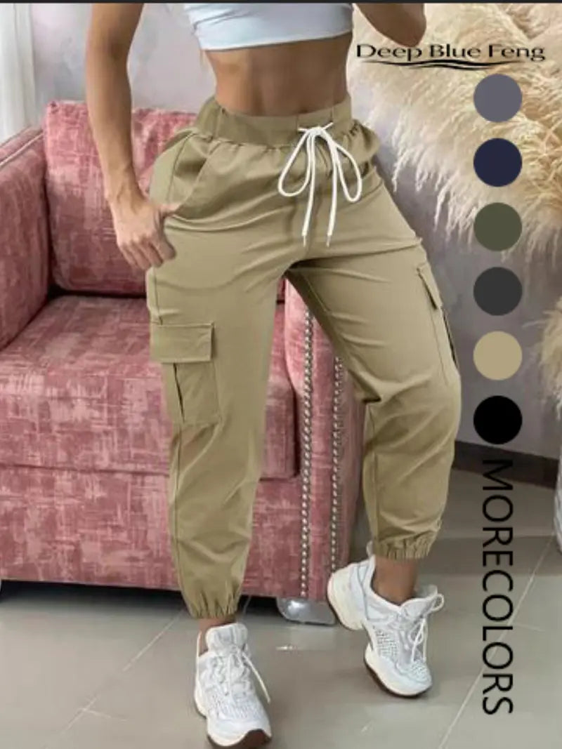 Women's Plain Drawstring Waist Cargo Pants, Casual Pocket Trousers for Daily Wear