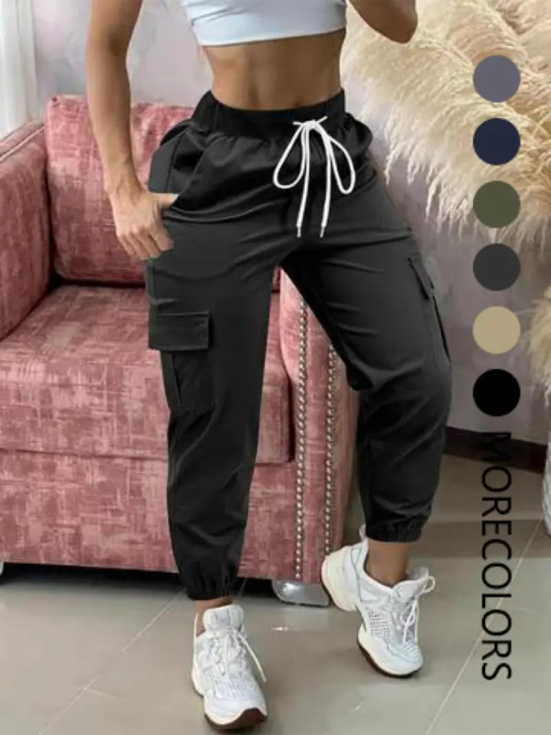 Women's Plain Drawstring Waist Cargo Pants, Casual Pocket Trousers for Daily Wear