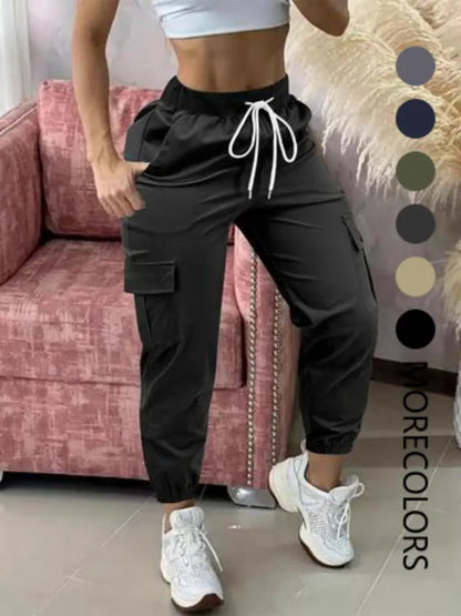Women's Plain Drawstring Waist Cargo Pants, Casual Pocket Trousers for Daily Wear
