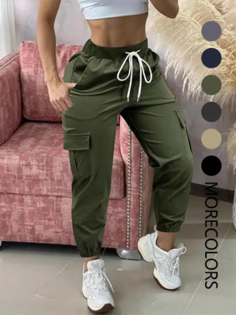 Women's Plain Drawstring Waist Cargo Pants, Casual Pocket Trousers for Daily Wear