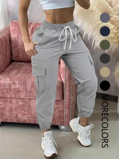 Women's Plain Drawstring Waist Cargo Pants, Casual Pocket Trousers for Daily Wear
