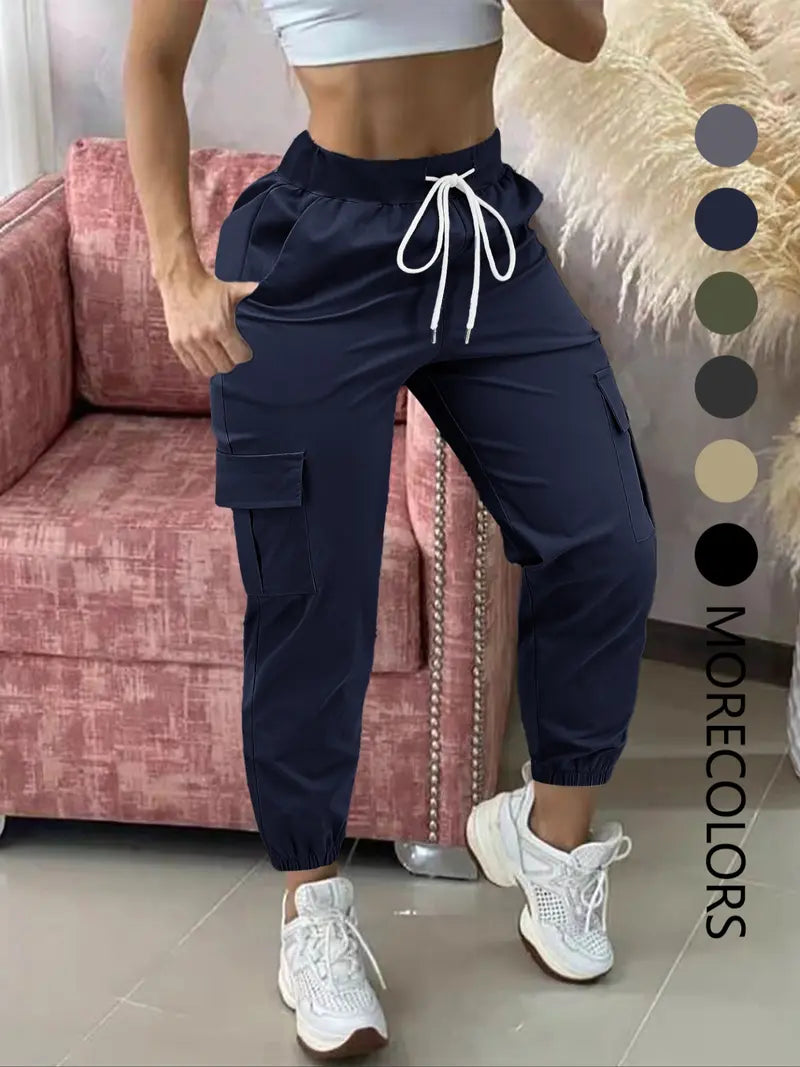 Women's Plain Drawstring Waist Cargo Pants, Casual Pocket Trousers for Daily Wear