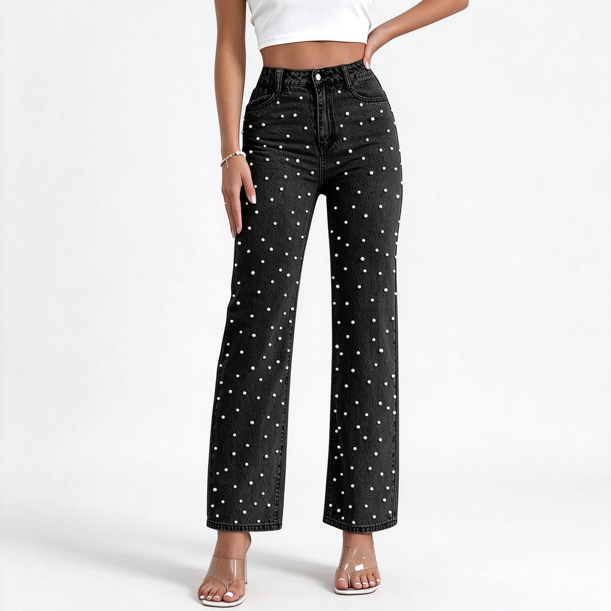 Pearl Jeans for Women High Waisted Straight Leg Denim Pants Beaded Jeans Wide Leg Trendy Y2K Casual Jean Pants
