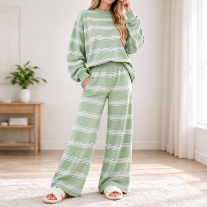 Women's Striped Crew Neck Loungewear Set, Soft Long Sleeve Top & Wide Leg Pants 2 Piece Outfit