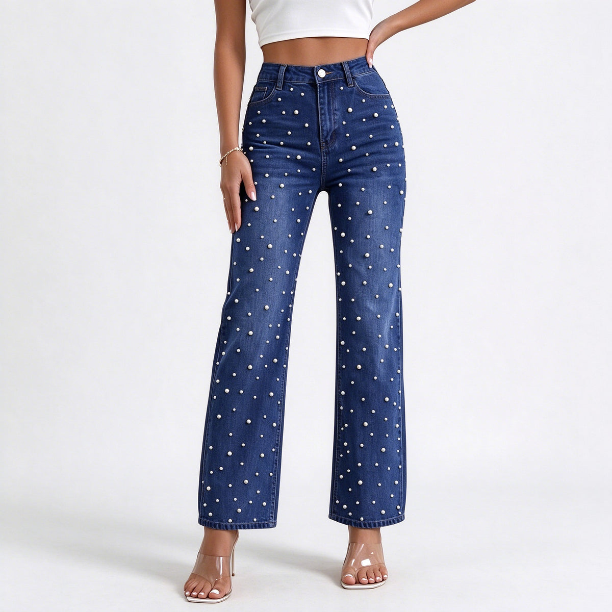 Pearl Jeans for Women High Waisted Straight Leg Denim Pants Beaded Jeans Wide Leg Trendy Y2K Casual Jean Pants