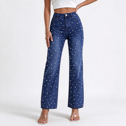 Pearl Jeans for Women High Waisted Straight Leg Denim Pants Beaded Jeans Wide Leg Trendy Y2K Casual Jean Pants