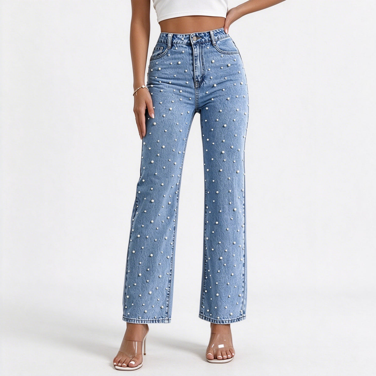 Pearl Jeans for Women High Waisted Straight Leg Denim Pants Beaded Jeans Wide Leg Trendy Y2K Casual Jean Pants