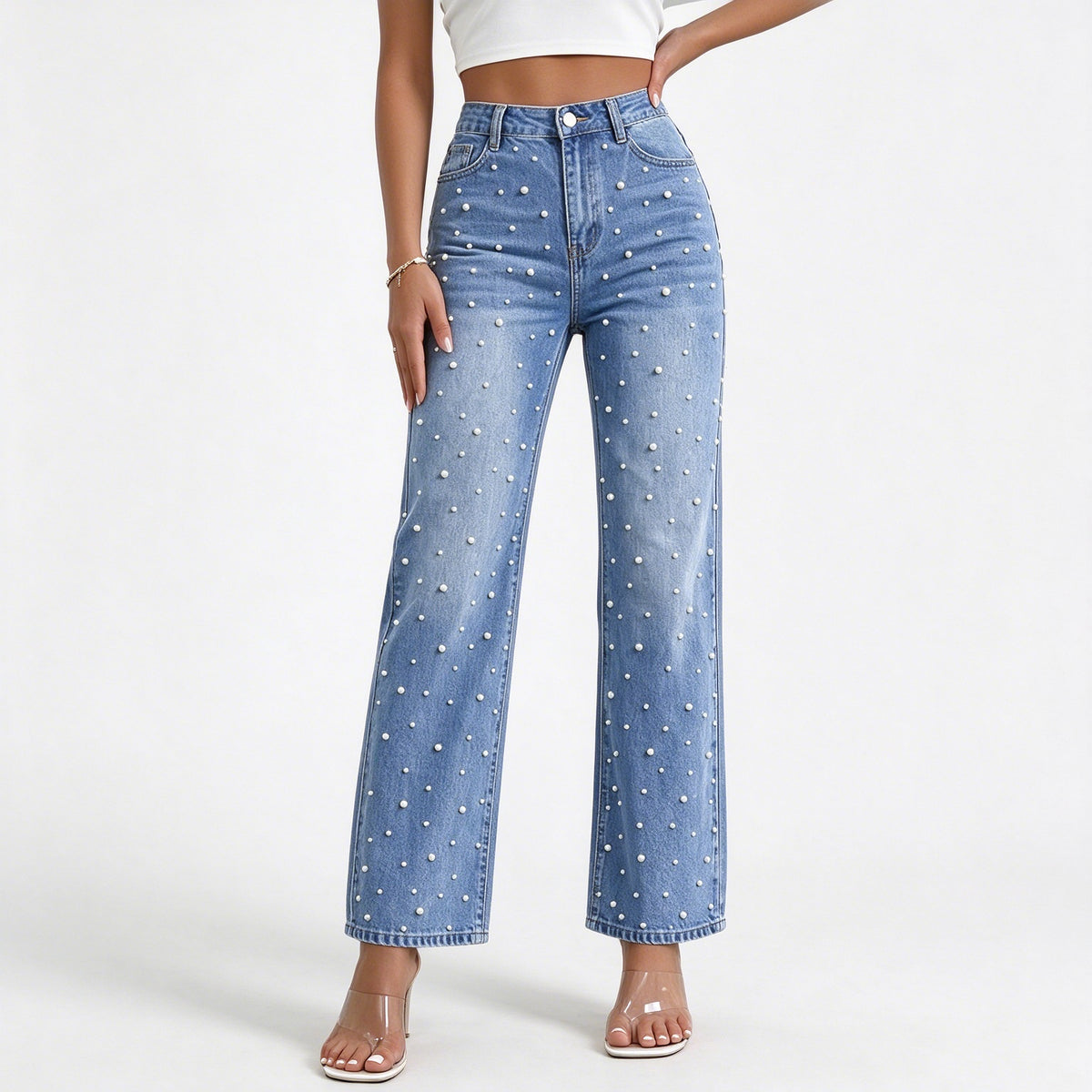 Pearl Jeans for Women High Waisted Straight Leg Denim Pants Beaded Jeans Wide Leg Trendy Y2K Casual Jean Pants