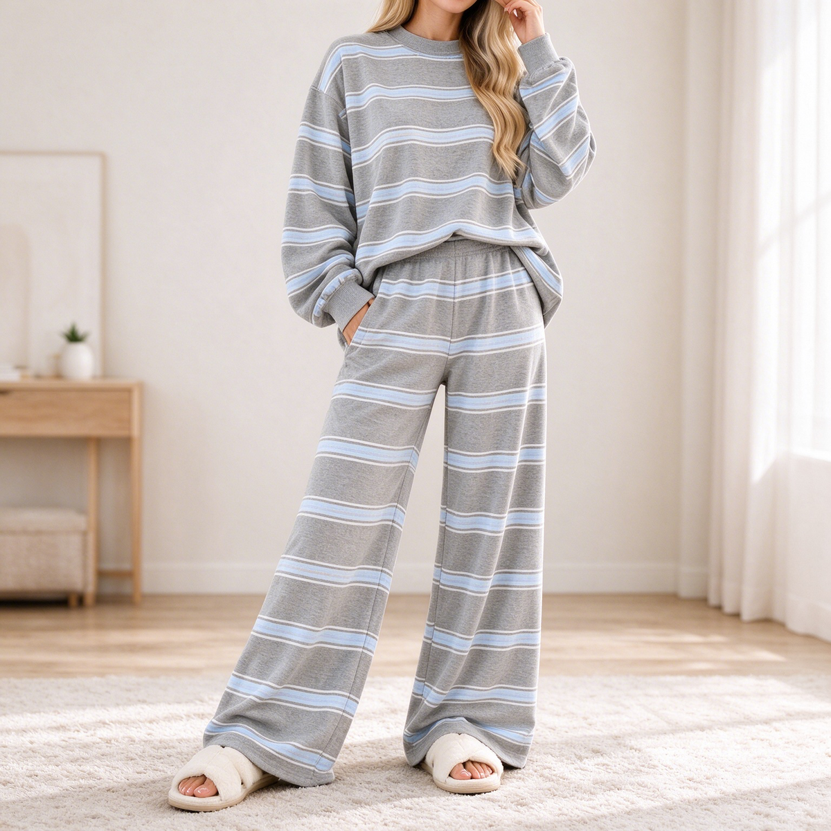 Women's Striped Crew Neck Loungewear Set, Soft Long Sleeve Top & Wide Leg Pants 2 Piece Outfit