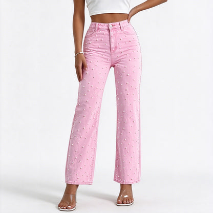 Pearl Jeans for Women High Waisted Straight Leg Denim Pants Beaded Jeans Wide Leg Trendy Y2K Casual Jean Pants