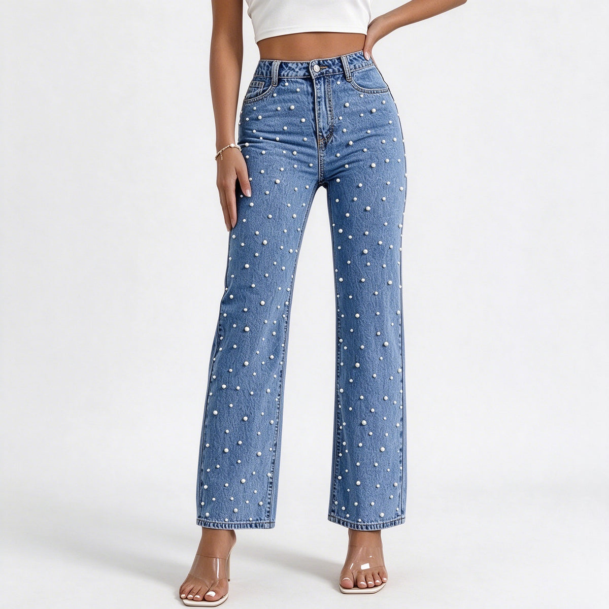 Pearl Jeans for Women High Waisted Straight Leg Denim Pants Beaded Jeans Wide Leg Trendy Y2K Casual Jean Pants
