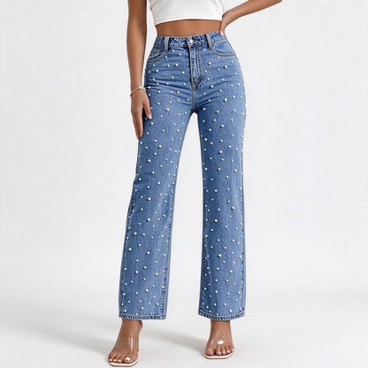 Pearl Jeans for Women High Waisted Straight Leg Denim Pants Beaded Jeans Wide Leg Trendy Y2K Casual Jean Pants