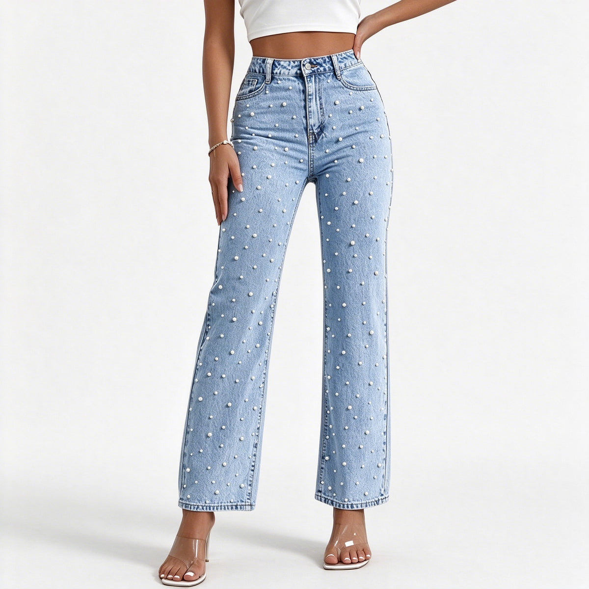 Pearl Jeans for Women High Waisted Straight Leg Denim Pants Beaded Jeans Wide Leg Trendy Y2K Casual Jean Pants