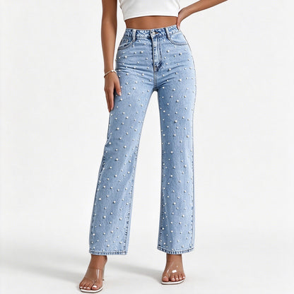 Pearl Jeans for Women High Waisted Straight Leg Denim Pants Beaded Jeans Wide Leg Trendy Y2K Casual Jean Pants