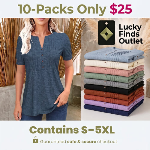 Women's Short Sleeve V-Neck Pleated Button Top