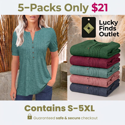 Women's Short Sleeve V-Neck Pleated Button Top