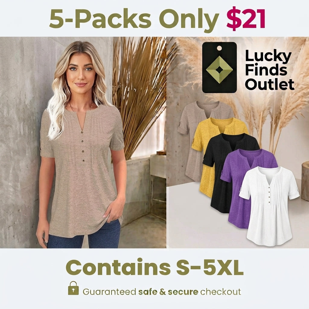 Women's Short Sleeve V-Neck Pleated Button Top