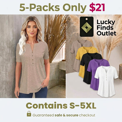Women's Short Sleeve V-Neck Pleated Button Top