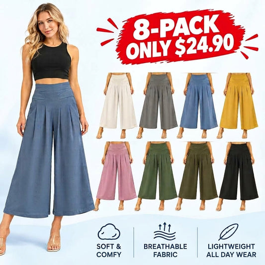 Womens Pleated High Waist Culottes Wide Leg CapriPants Cotton Linen