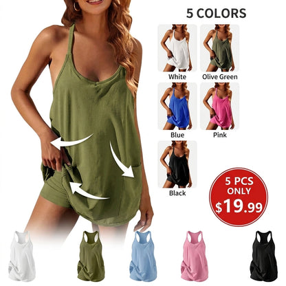 Women's Summer Sleeveless Mini Dress with Built-in Shorts V Neck Spaghetti Straps Athletic Shorts Tennis Dress with Pockets